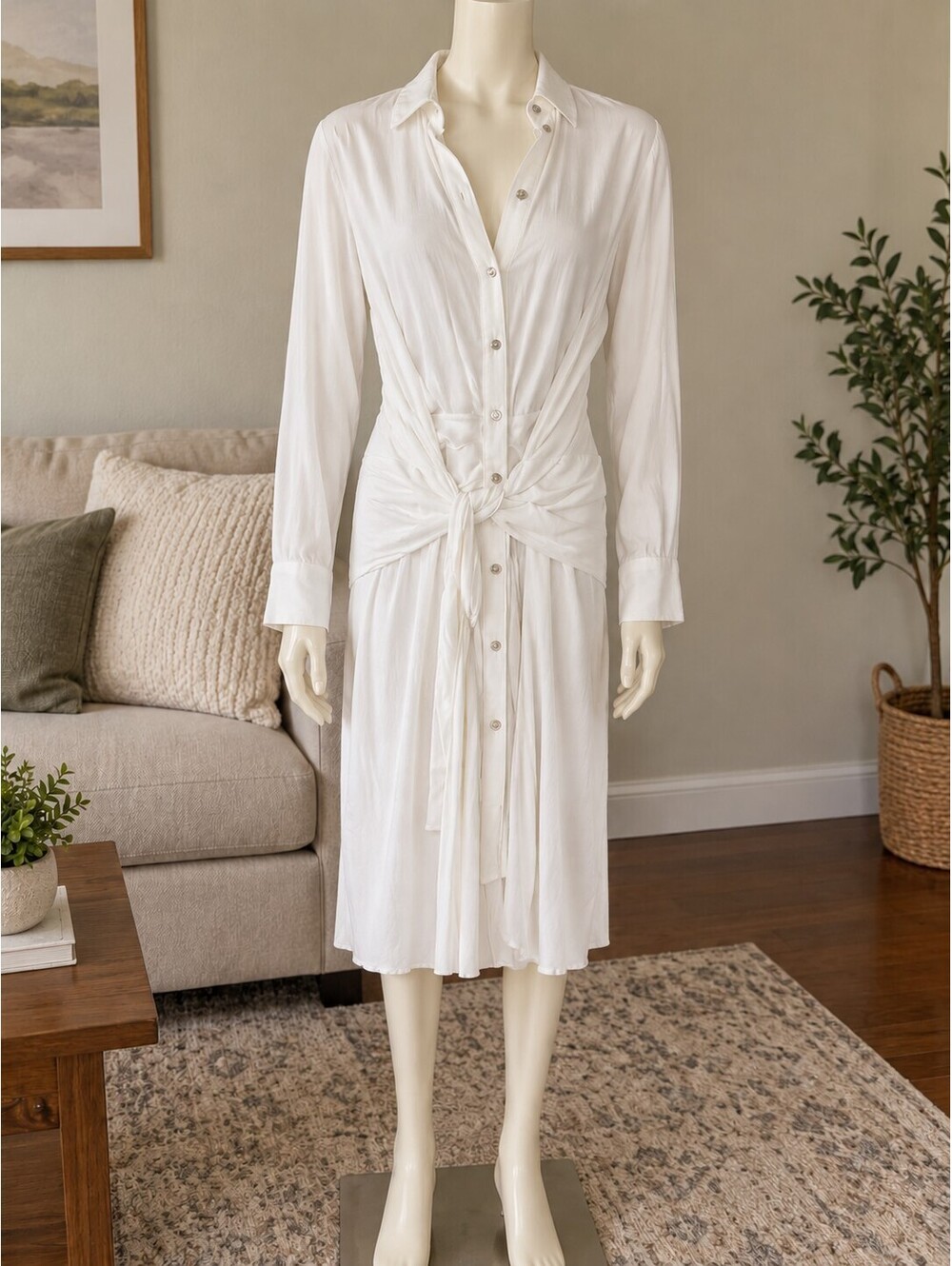 L Space Super Soft White Button Front Shirt Dress Size Small Tie Waist Rayon